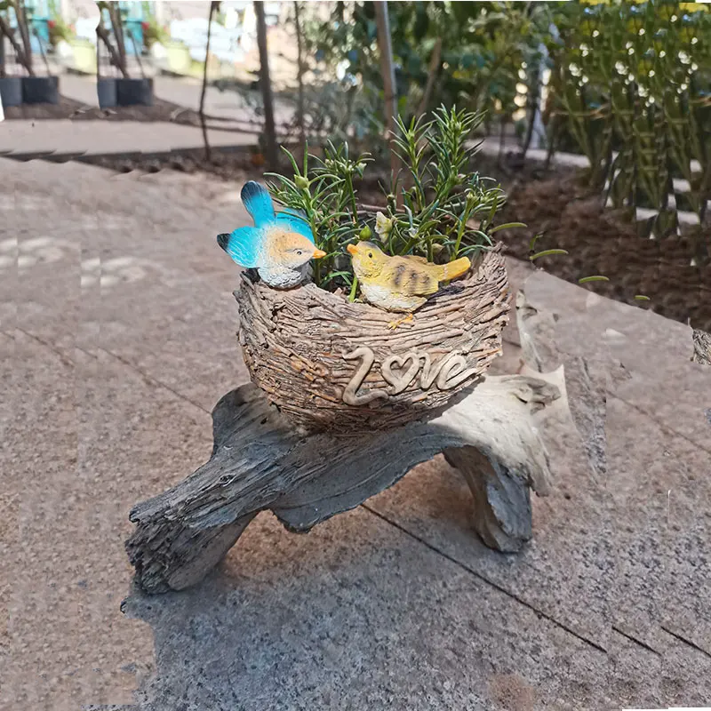 Imitation Dead Wood Bird Flower Pot Bird Feeder Resin Furnishing Outdoor Garden Ornaments Crafts Balcony Courtyard Decoration