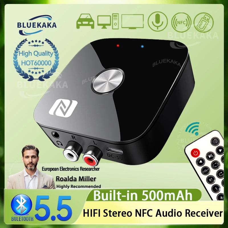 NFC Bluetooth 5.5 Audio Receiver 3.5mm AUX R/L RCA Stereo Wireless Adapter With Mic USB U-Disk Play Remote Control HIFI Music