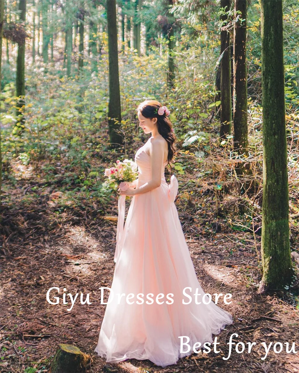 Giyu Strapless A-line Wedding Dresses Pink Sweetheart Collar Sleeveless Korea Photo Shoot Patchwork Dresses for Bride