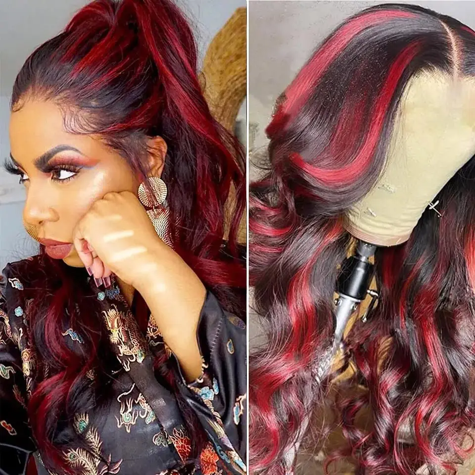 30 40 Inch Body Wave Lace Front Human Hair Wigs Highlight Burgundy 13x6 HD Lace Frontal Wig Ombre Colored 1B Red Glueless Wig