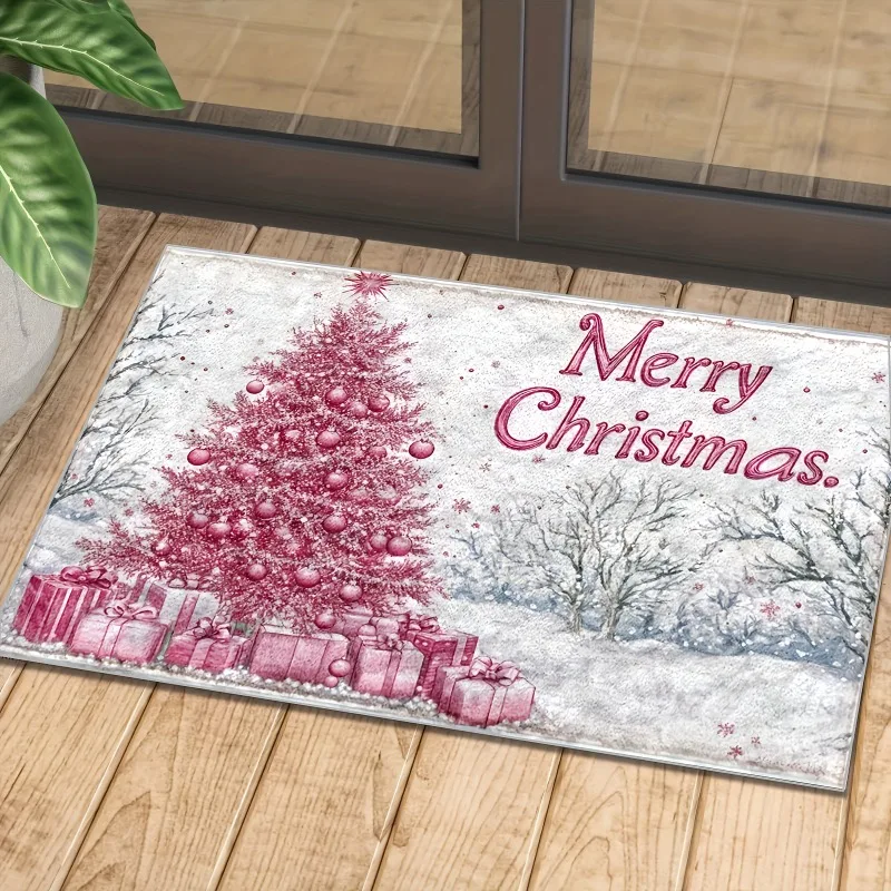 Festive Flannel Door Mat Pink Christmas Tree Gift Box Snow Scene Merry Christmas Decor Non‑Slip Floor Rug For Home Indoor Decor