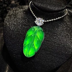 Natural 925 Silver Inlaid High Ice Chalcedony Leaf Pendant Green Agate Fashion Women's Jade Necklace High Jewelry Holiday Gift