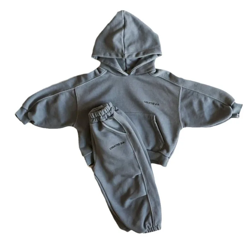 2024 Winter New Children Warm Plus Velvet Thick Set Boys Girls Hooded Fleece Letter Sweatshirt + Pants 2pcs Suit Kids Outfits