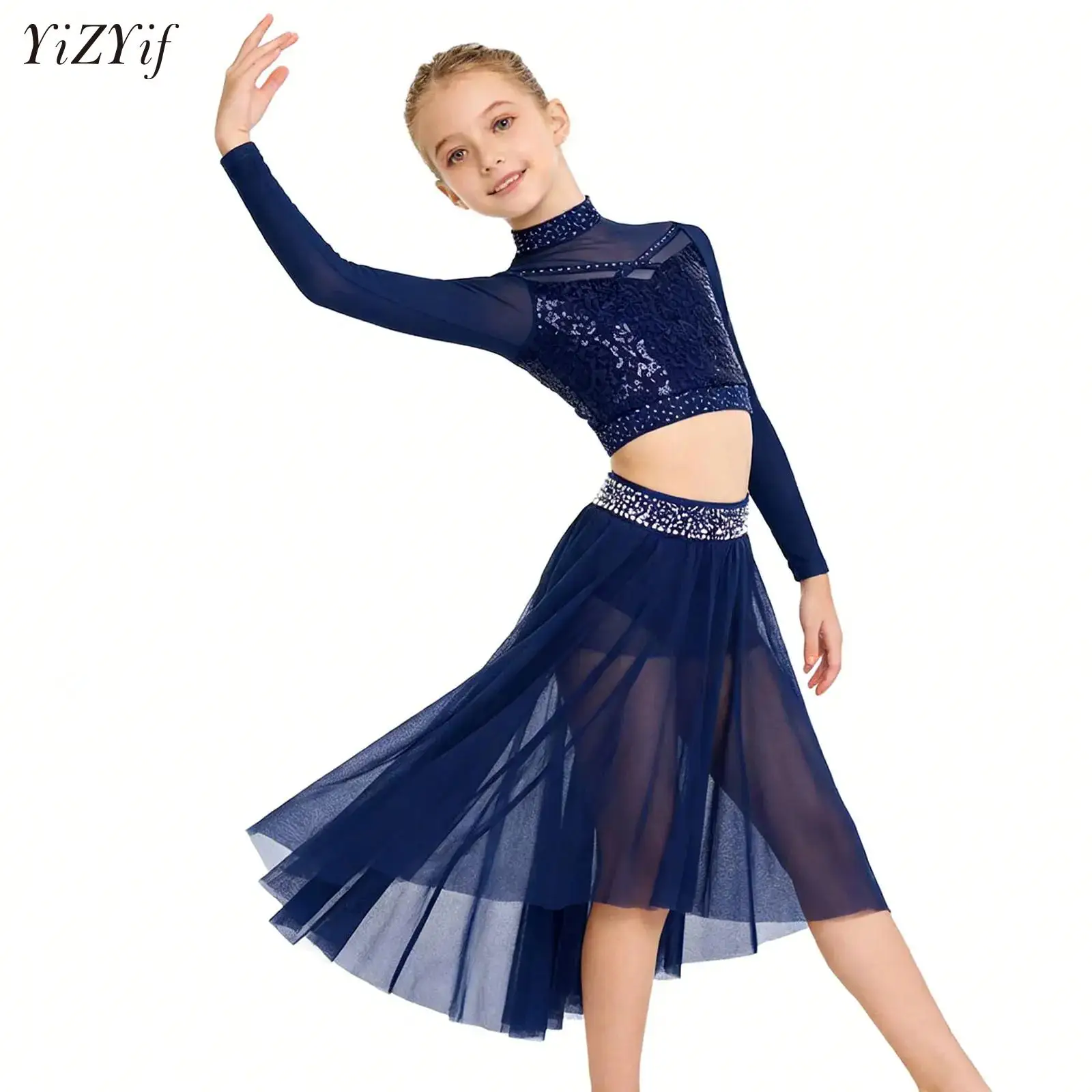 

Teens Girls Gymnastics Ice Skating Ballet Outfit Lyrical Contemporary Dance Set Rhinestones Crop Top Mesh Hi-lo Leotard Skirt