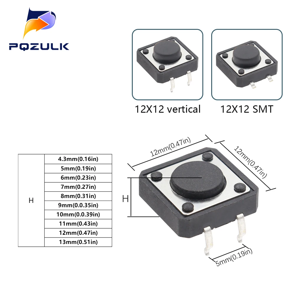 50PCS 10 Models 12*12 SMD Tact Switch Tactile Push Button Switch Kit Height: 4.3 5~13MM DIP 4P Micro Switch 12x12 Key Switch