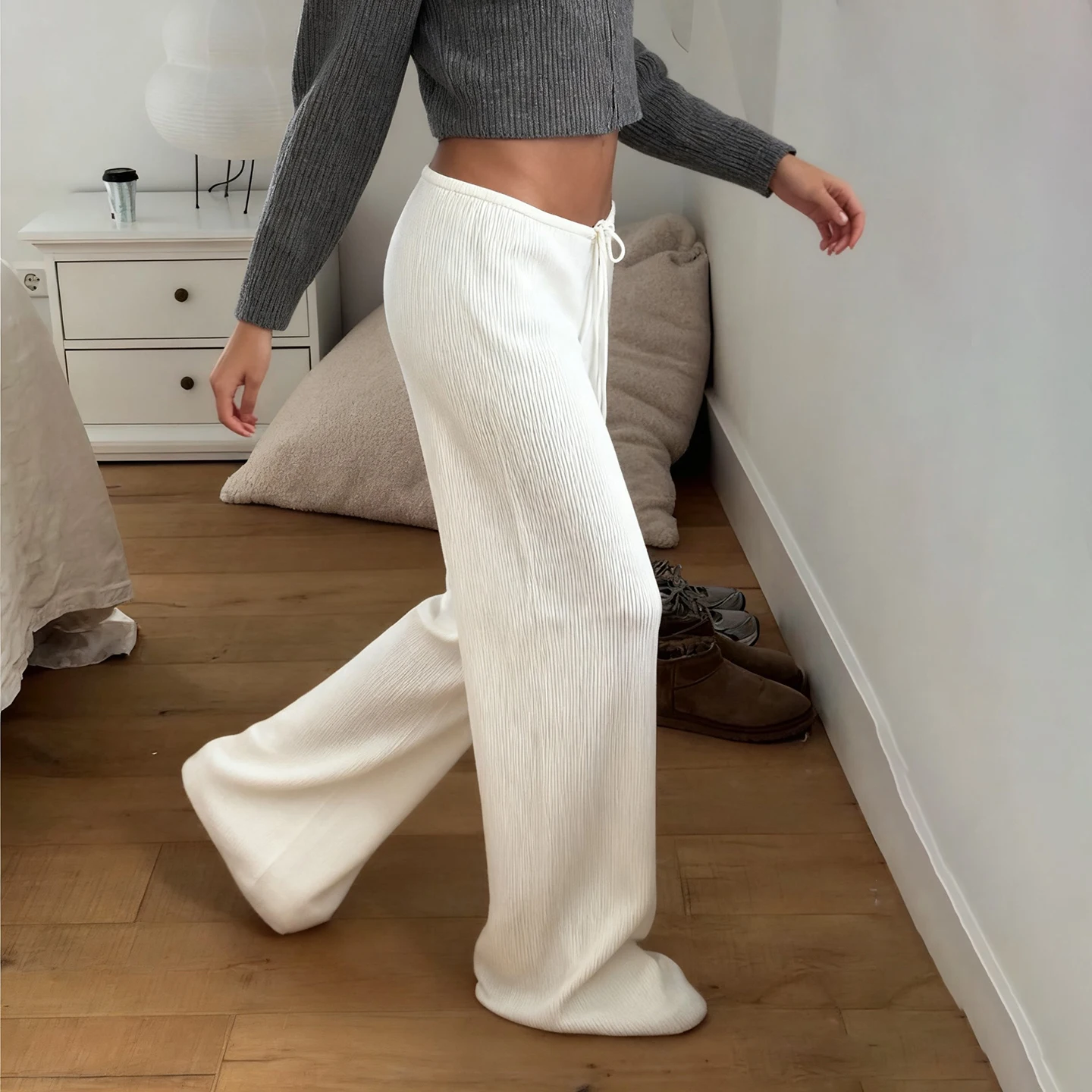 Basic Solid Low-Waisted Ribbed Knitted Pants Casual Loose Drawstring Wide Leg Pants Soft Comfy Lounge Wear Trousers Streetwear
