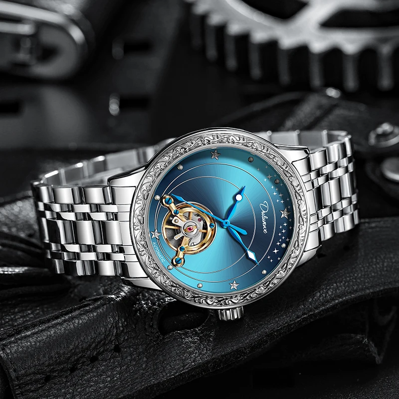 Dulunwe العلامة التجارية الفاخرة الرجال توربيون الساعات الرجالية الأسود الصلب التلقائية الميكانيكية ووتش الذكور Relogio Masculino