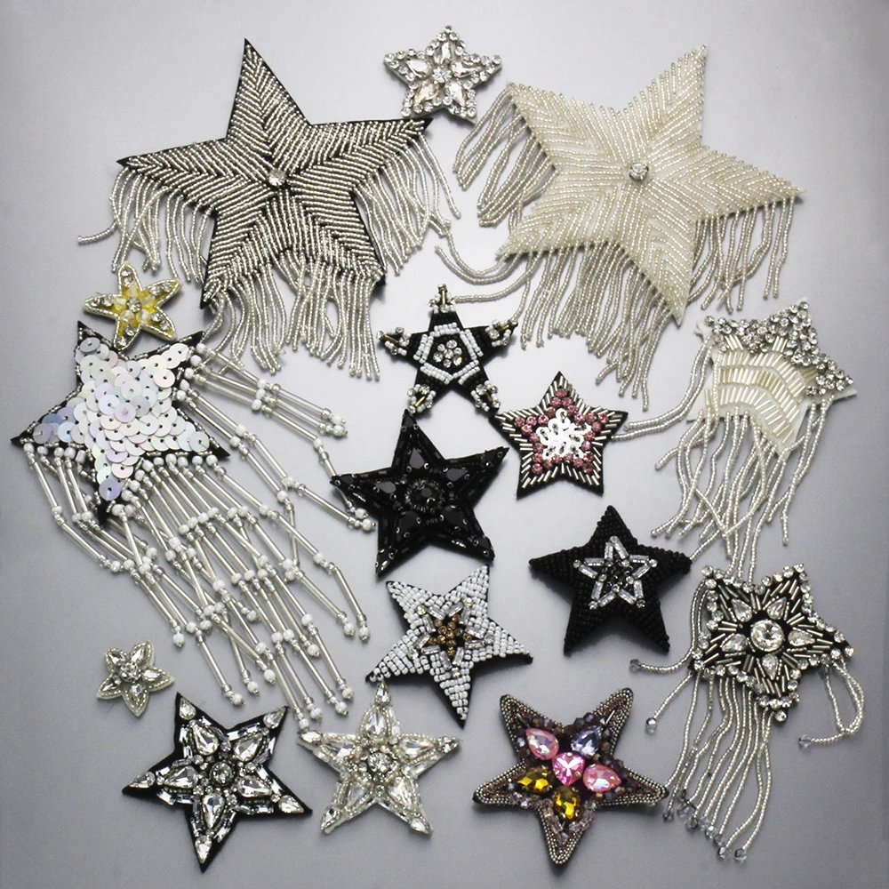 Rhinestones Beaded Star Fringe Fabric Patches Applique Embellishment Sew on Badges for Bags Clothes Accessories B416