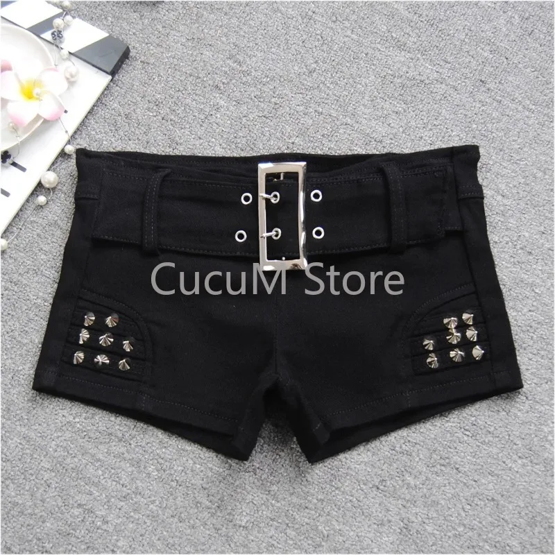 Black Spicy Girl Low Waist Denim Shorts Women 2024 New Fashion Studded Bead Rivet Nightclub Sexy Slim Short Hot Pants Women