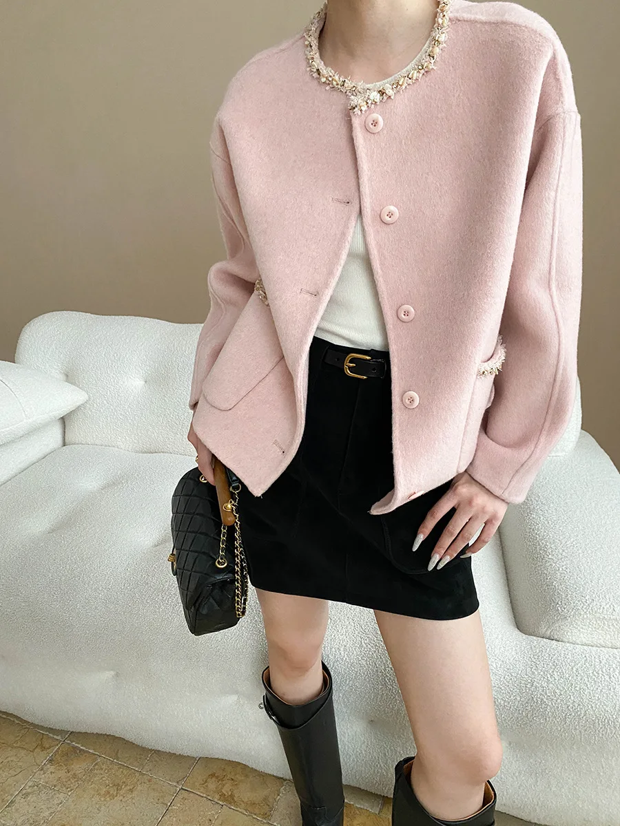

Autumn and winter women's casual solid color shell lace wool double-sided woolen small fragrant style jacket