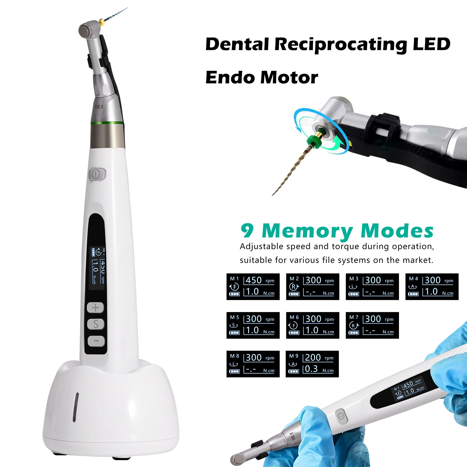 

Cordless Dental Wireless Reciprocating LED Endo Motor 16:1 Contra Angle Root Canal Handpiece Treatment 9 Modes