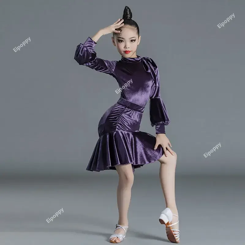 2024 Latin Dance Clothes for Girls Children Autumn Winter New Long Sleeve Velvet Exercise Performance Competition Dance Suit