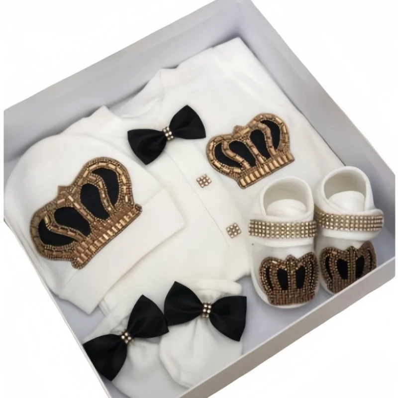 Footed Romper Newborn 0-9 Months 4 Piece Set White Black Gold Crown Bow Prince Royal Boutique Baby Shower Gift With Hat Mittens