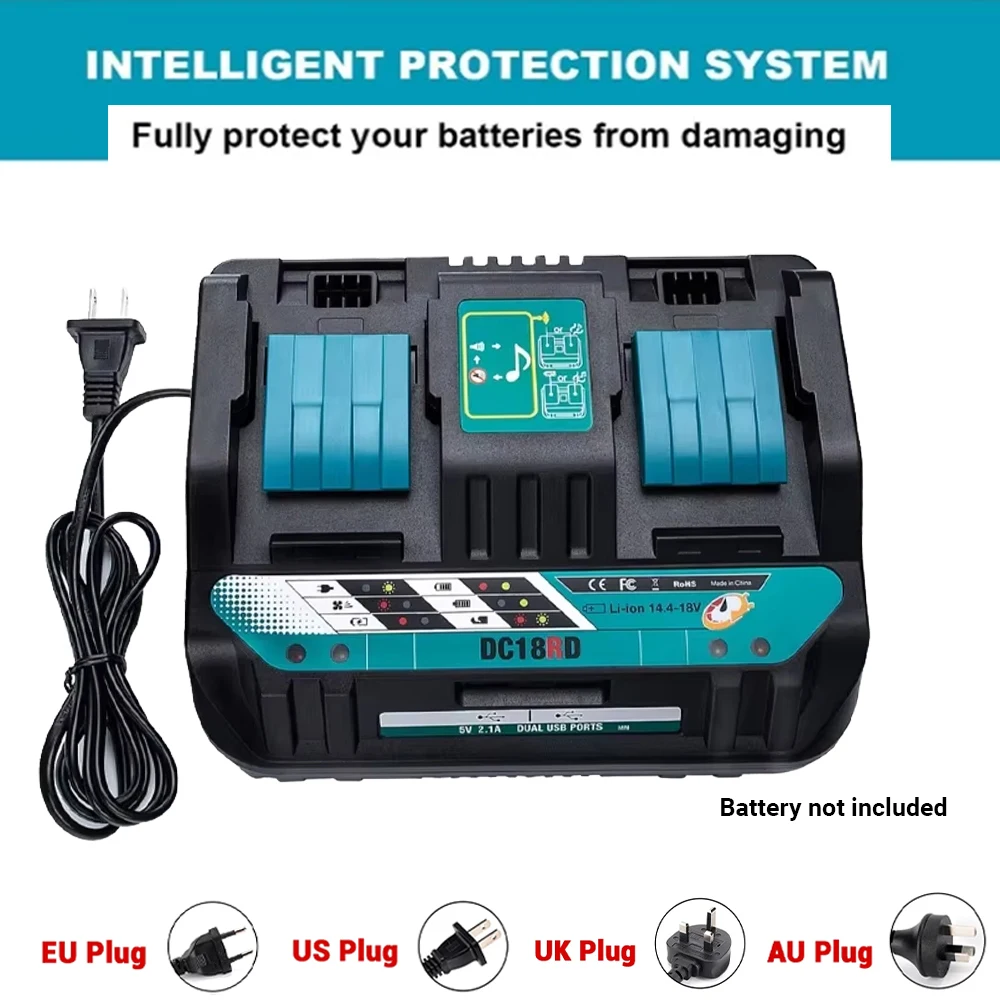 

Двухпортовое зарядное устройство 18 В DC18RD для Makita 14,4 В 18 В BL1830 Bl1430 DC18RC DC18RA, электроинструмент, быстрая зарядка
