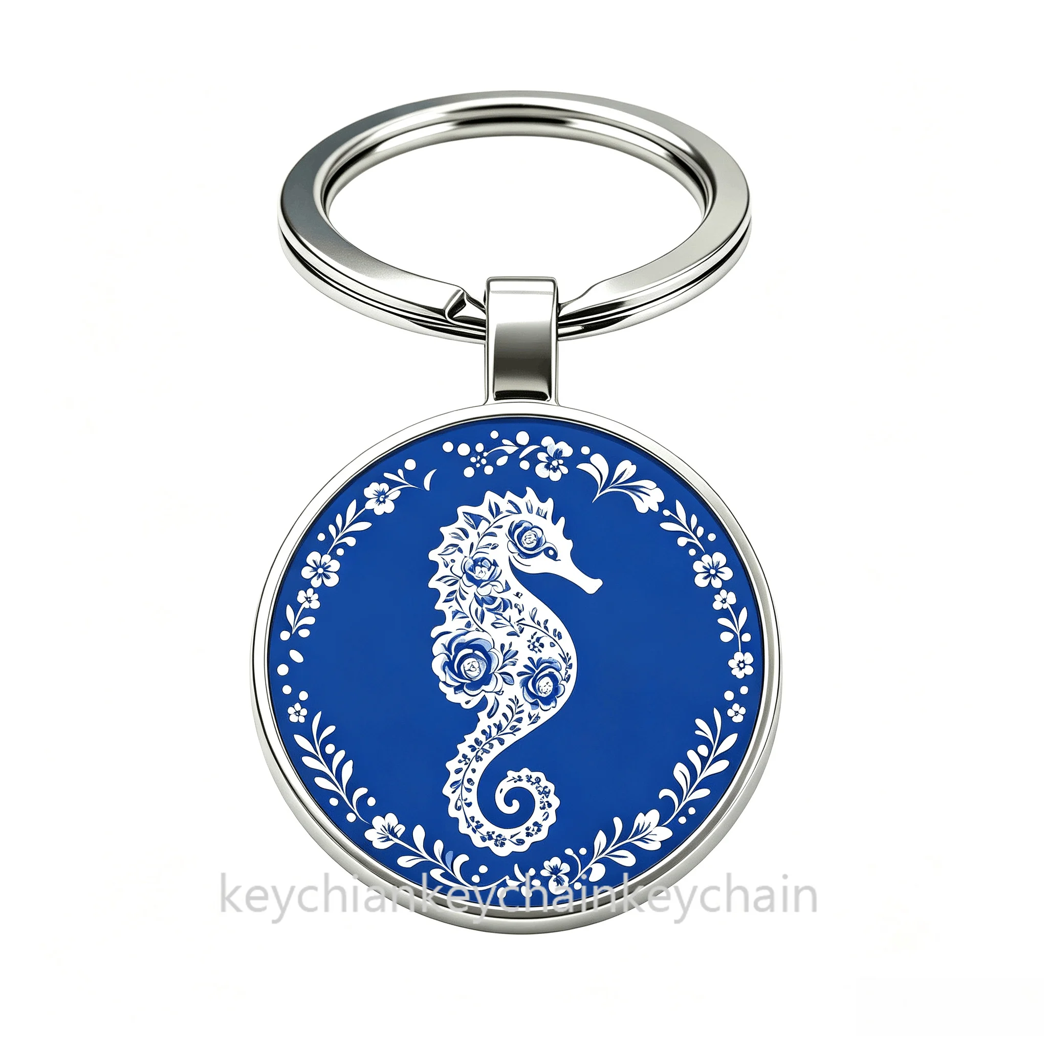 Russian Blue And White Flower seahorse Keychain Keyring Bag Pendant Gift