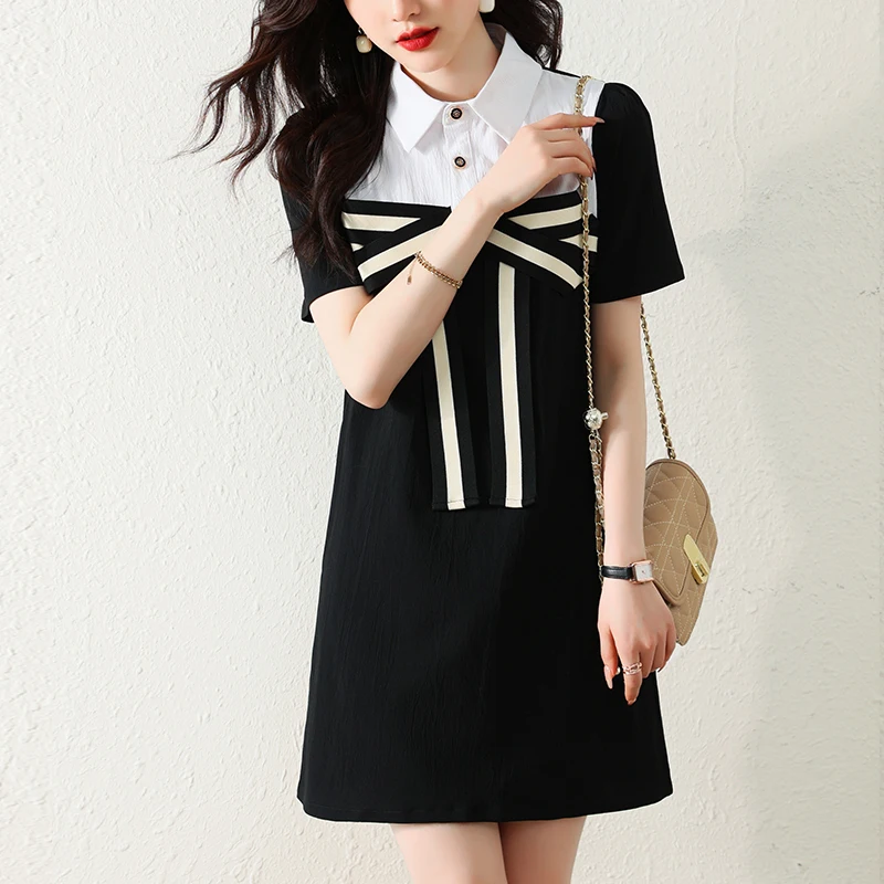 #7970 Summer Office False Two Piece Shirt Dress Women Turn-Down Collar Buttons Split Joint Short Dress Female France Style Loose