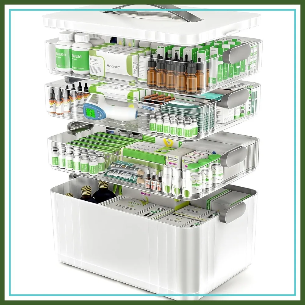 4-Tier Medicine Organizer with Handle - Portable Medical Box, Empty First Aid Kit for Home