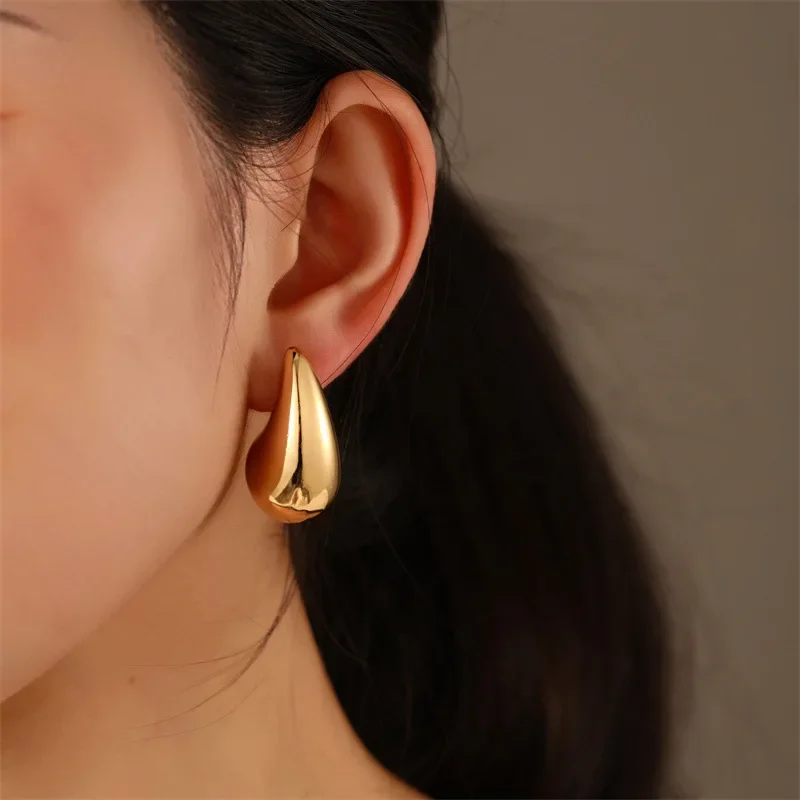 Vintage Gold Plated Chunky Dome Drop Earrings for Women Glossy Stainless Steel Thick Teardrop Earrings Wedding Jewelry Gifts