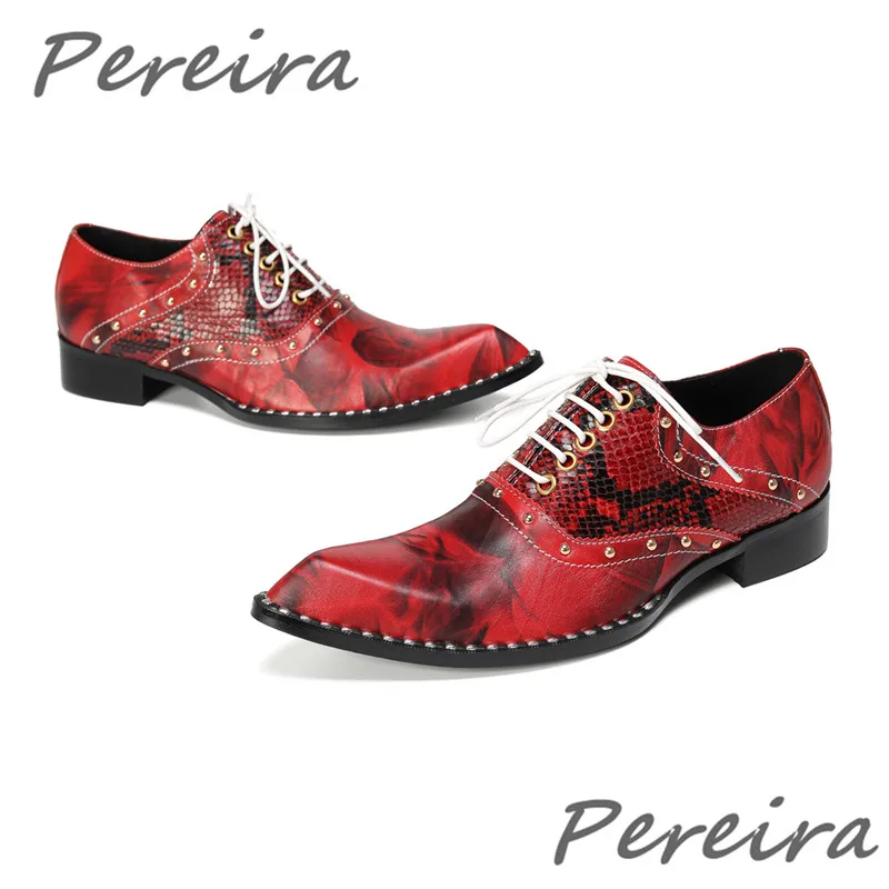 Red Snake Pattern Patchwork Lace-Up Oxfords Mixed Colors Genuine Leather Pointed Toe Business Dress Shoes Trendy Party Men Shoes