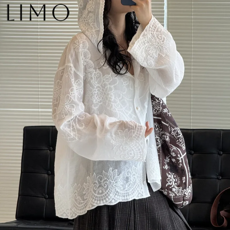

LIMO Women’s Hooded Lace Jacquard Sheer Shirt Jacket Casual Lazy Style Elegant Minimalist Fashionable High Quality Spring Summer