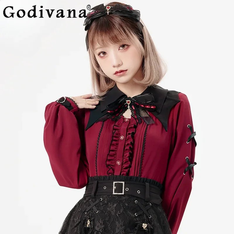 

2024 Harajuku Gothic Lolita Shirt Japanese Y2k Aesthetic Bow Lace Hollow Out Bat Collar Long Sleeve Tops Women Elegant Clothes