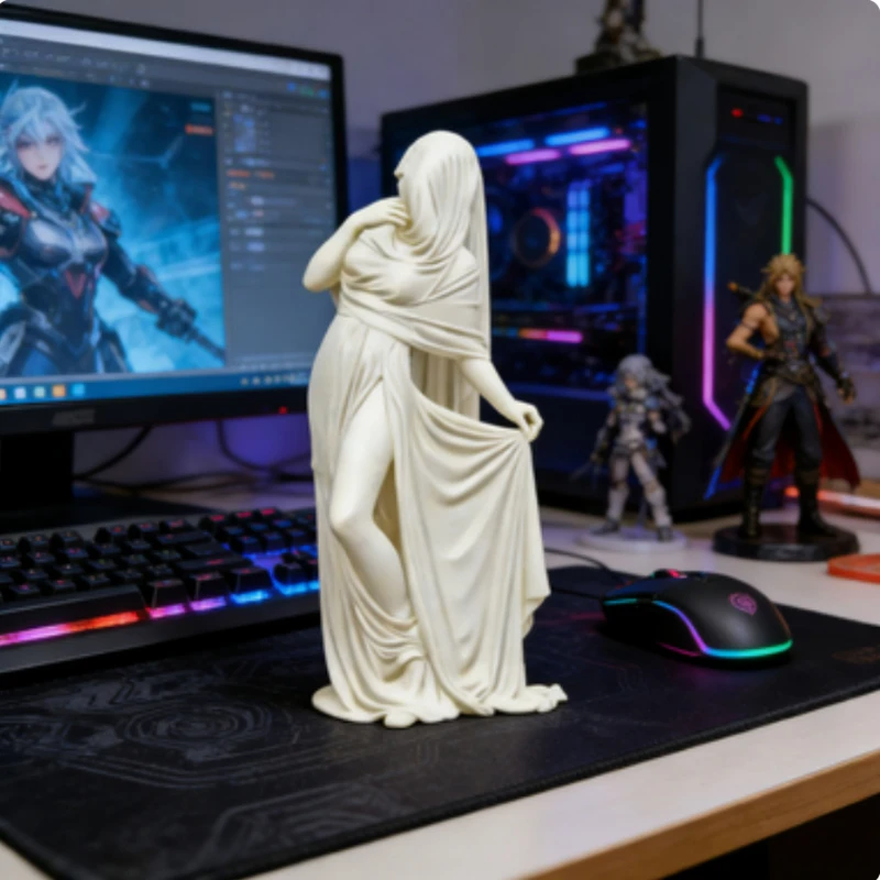 White Dress Sculpture of Running Girl - Capturing Motion & Emotion, Desktop Art Decor with Storytelling Charm