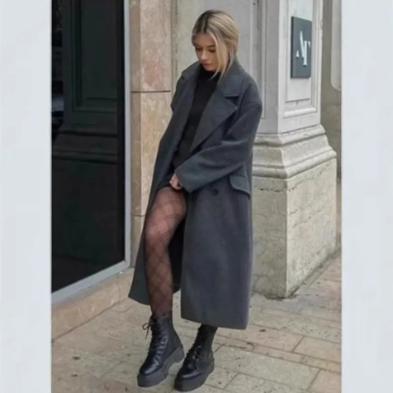 

Women's Clothing Long Trench Coat Overcoat New Design Fashion Wool Long Coat Luxury Double-Breasted Lapel Jackets Black
