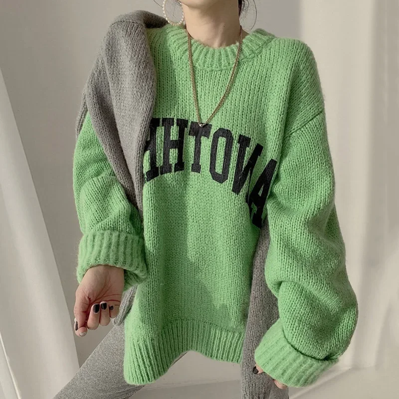 Korean Fashion Spring Autumn Candy Color Sweater Pullovers for Women Loose Oversized Sweater Letter Knitted Pullovers O Neck