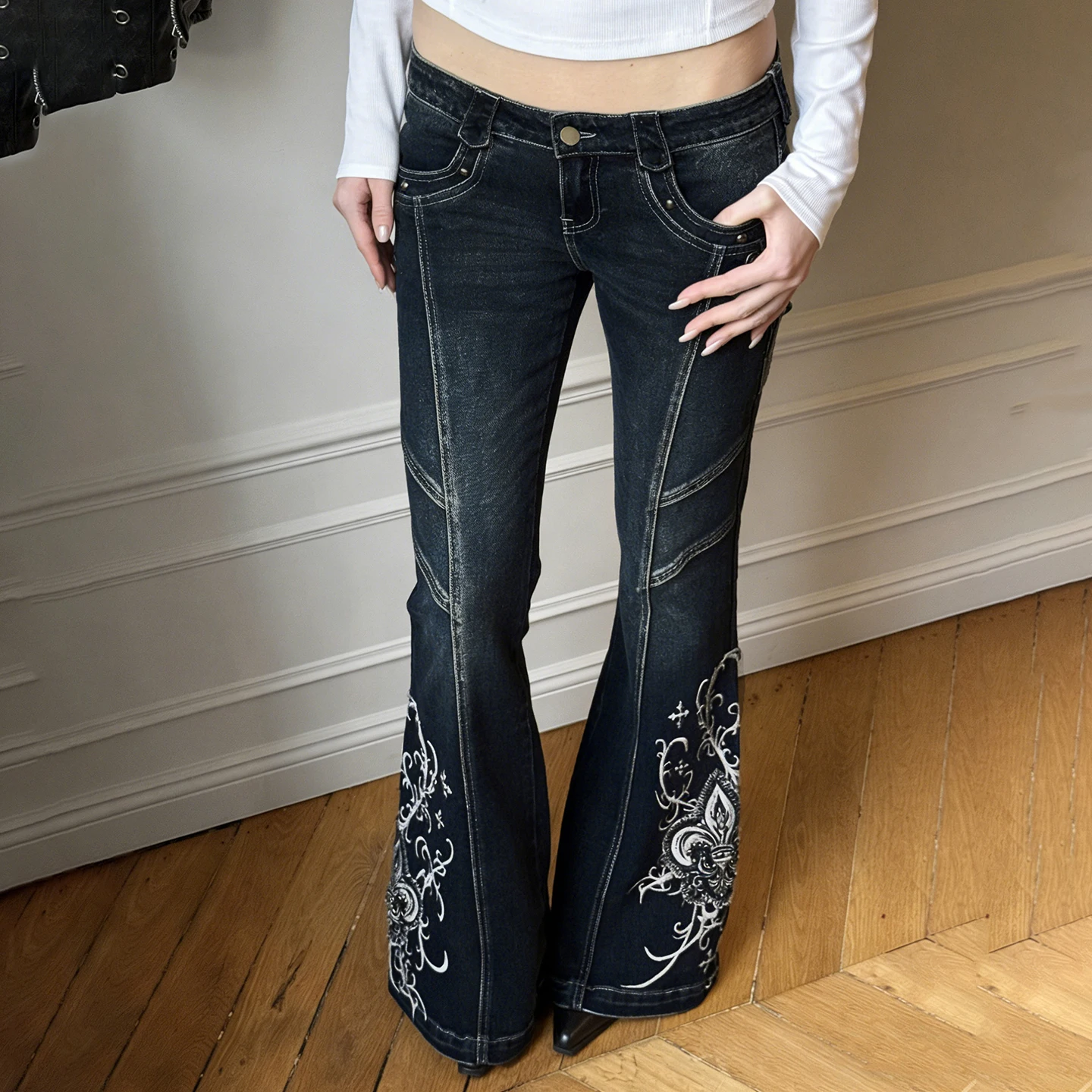 IAMSURE-Streetwear Low Waist Printed Split Flared Jeans Women Fashion Slimming Full Length Denim Trousers Button-Fly Bottoms New
