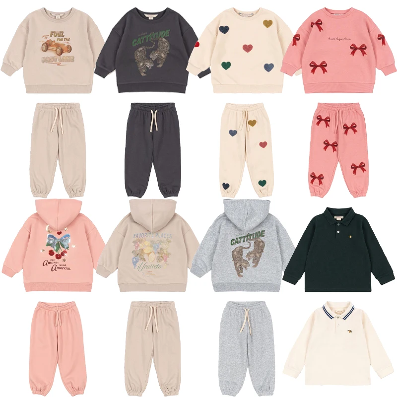 

2025 New Autumn Winter Children's Suit Set KS Boys Collar Casual Top Girls' Embroidered Fashionable Hoodie Solid Color Pants Set