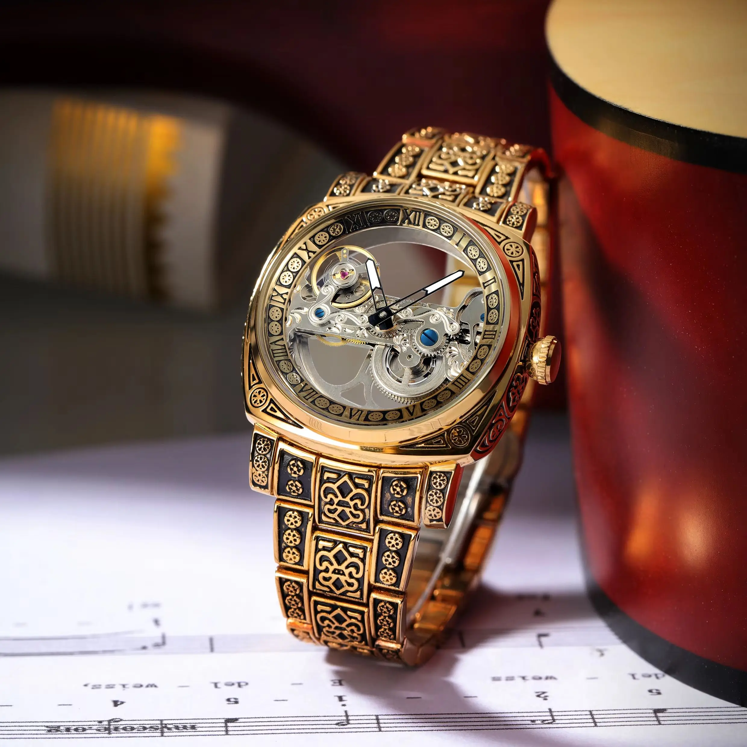 Forsining Exquisite Gold Skeleton Automatic Mechanical Watch for Men Stainless Steel Strap Luminous Luxury Retro Mens Watches