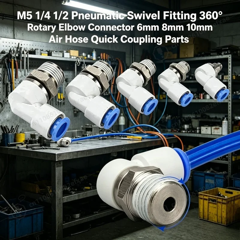 M5 1/4 1/2 Pneumatic Swivel Fitting 360° Rotary Elbow Connector 6mm 8mm 10mm Air Hose Quick Coupling Parts