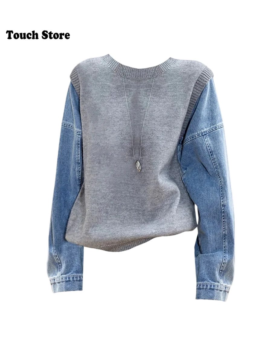 Jesień Zima Kobiety Tomboy Fałszywy Dwuczęściowy Sweter Koreański Denim Patchwork Design Pullovers Koreański Sweter Dzianina 2000s Vintage