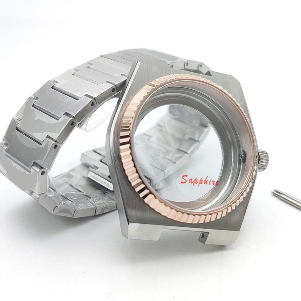 Barrel type 40mm mechanical watch case with NH35 movement dog tooth outer ring sapphire glass surface metal brushed