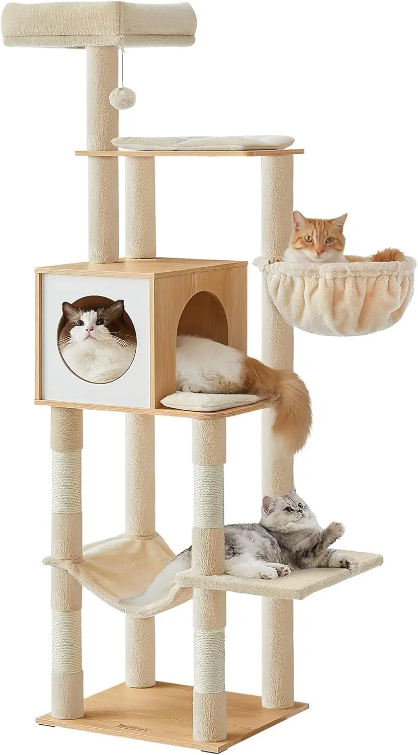 

Cat Tree, 65-Inch Tall Cat Tower, Multi-Level Cat Condo with Cave, Basket, Hammock, Pompom, Scratching Posts, Almond Yellow