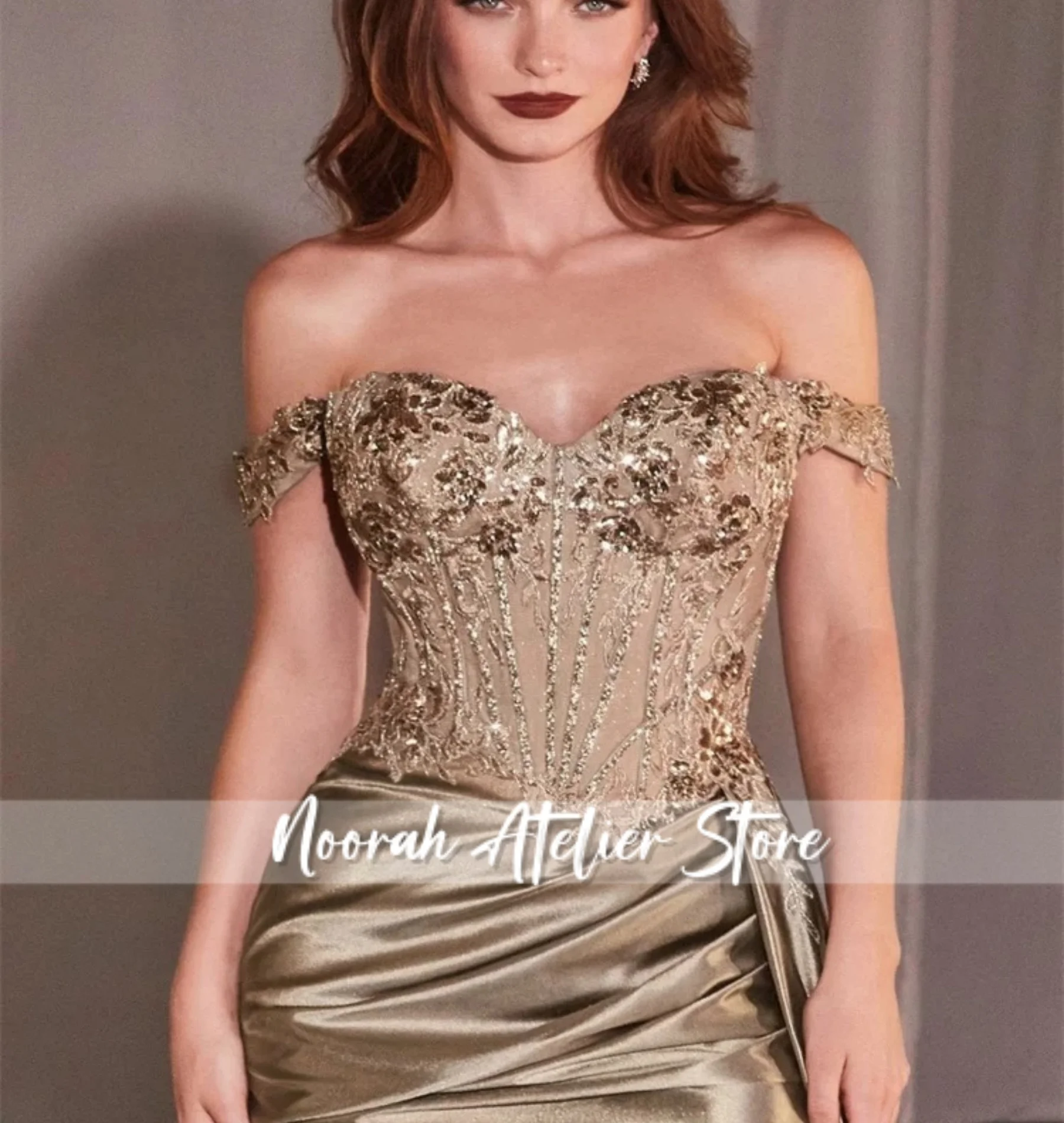 

New Champagne Sparkly Off Shoulder Luxury High Quality Women Evening Dresses 2025 Sexy Wedding Long Party Gown Customized