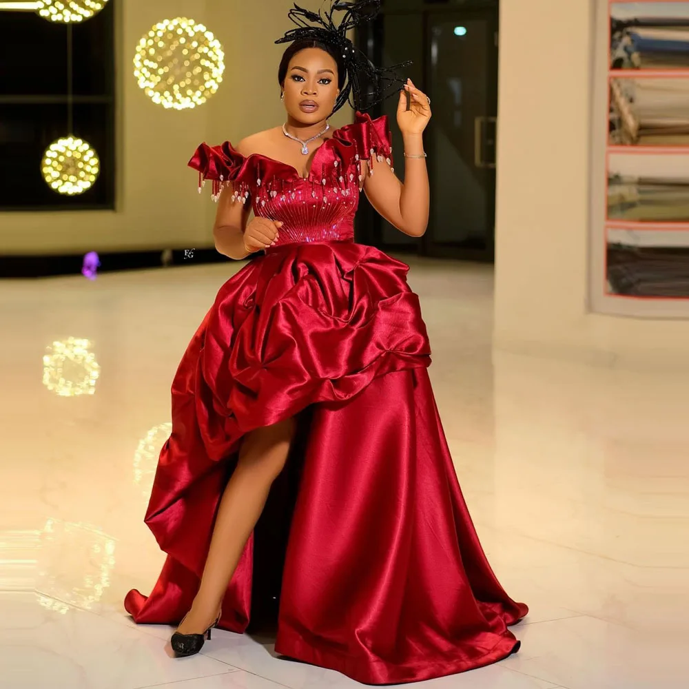 Rode Hoog Laag Avondjurken Met Kwastjes Kristallen Uit De Schouder Kerst Galajurk Voor Afrikaanse Vrouwen Bruiloft Jurken