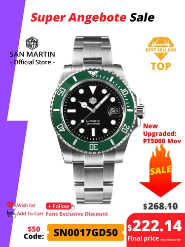 San Martin nuevo 40mm agua fantasma reloj de buceo hombres de lujo NH35 PT5000 reloj mecánico automático zafiro impermeable 200m SN0017