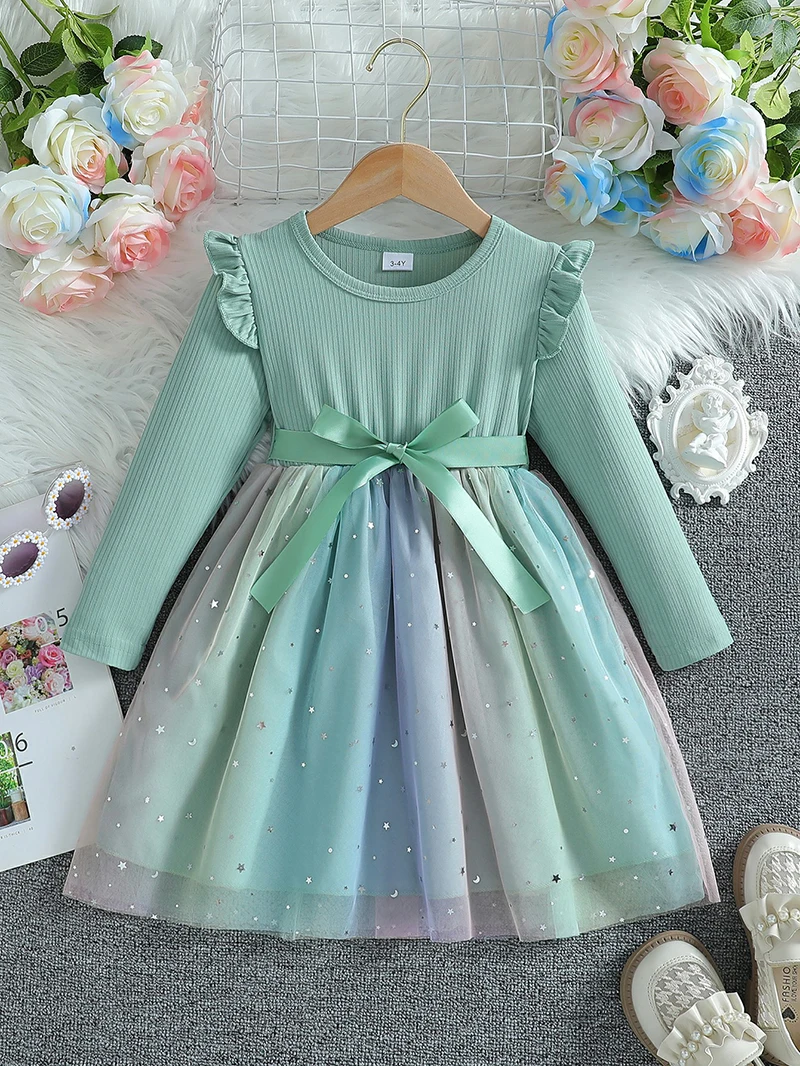 Girl\'s Long Sleeved Bow Dress 2-6Y Fashion Thin Children\'s Starry Sky Sequin Mesh Dress Spring Autumn Kid\'s Clothing