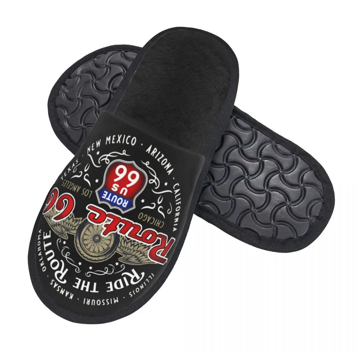 Custom Ride The Route 66 House Slippers Soft Memory Foam Biker Motorcycle Cruise America\'s Highway Slip On Bedroom Slipper Shoes