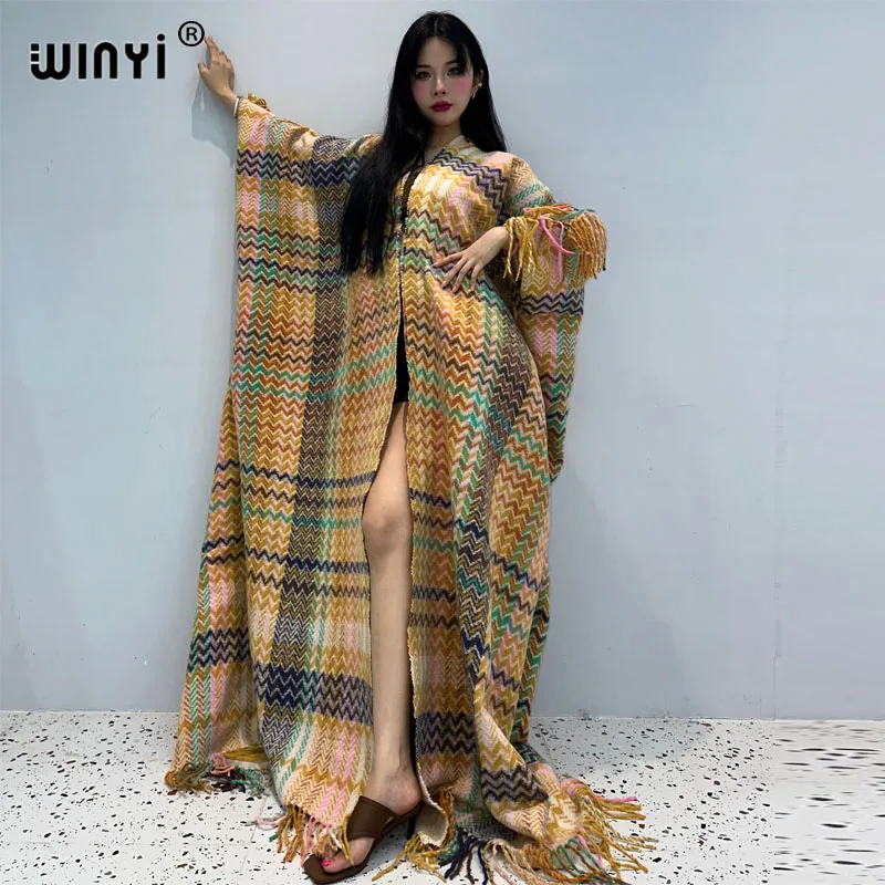 WINYI Winter new 2023 cloak Women High Quality poncho tassels Luxury Long Loose OverCoat Thick Warm Female long down coat jacket
