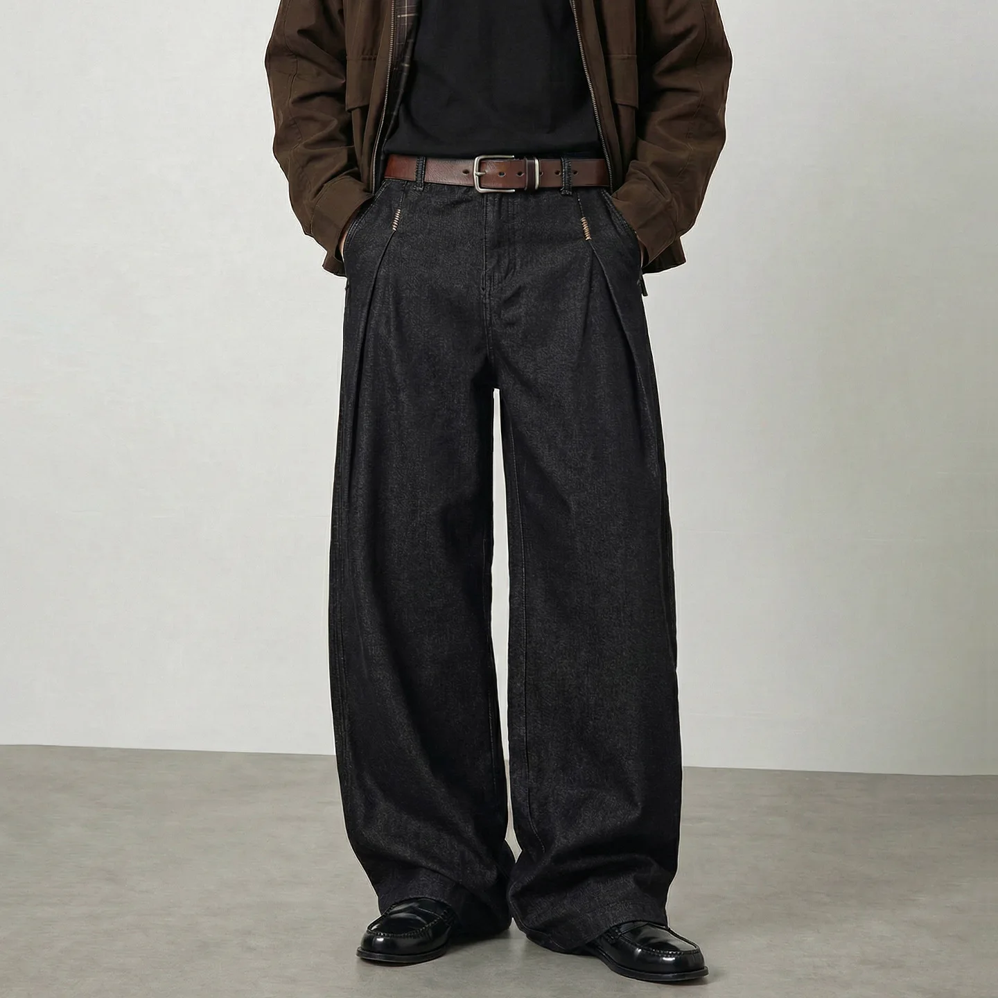 Yuan Niu Retro Black Jeans Men's 2026 Spring Textured Handmade Triangular Needle Embroidered Straight Loose Casual Trousers