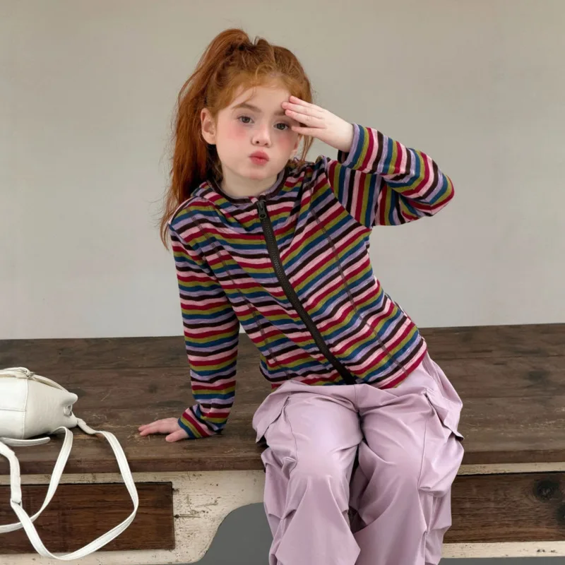 Cotton Girl Toddler Stripe Multi-color Zipper Hoodie 26 Autumn Winter Sweatshirt Zip-up Jacket Coat 3-12 Years Soft Cool Outfit