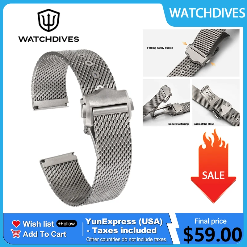 Watchdives Premier Adjustable Mesh Watch Band Strap 18mm/20mm/22mm Grade 2 Full Titanium Clasp Universal Bracelet Watch Strap