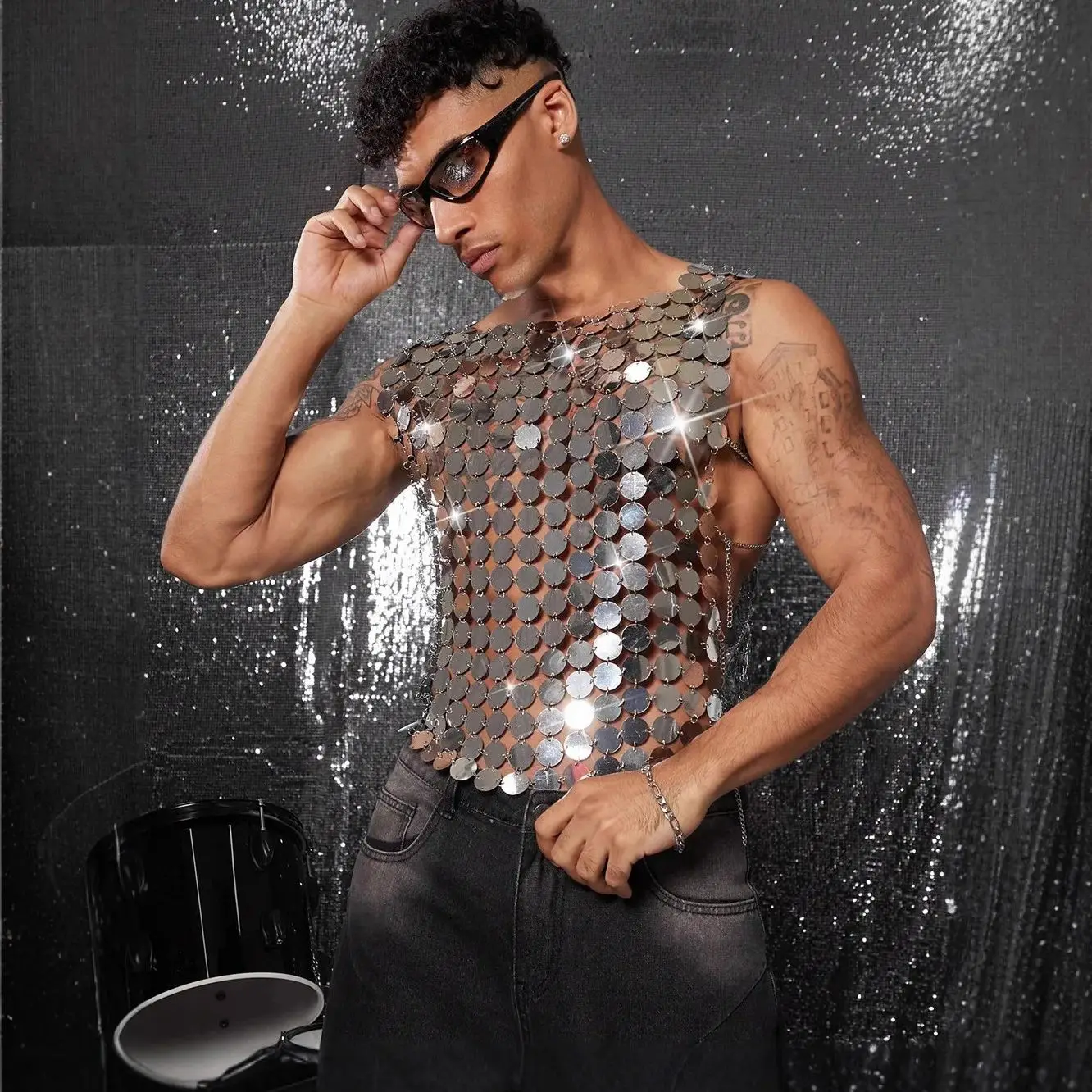 Nightclub Sparkling Sequined Vest Men'S Clothing Party Stage Performance Metallic Beaded Top  Silver Openwork Sexy Clothing