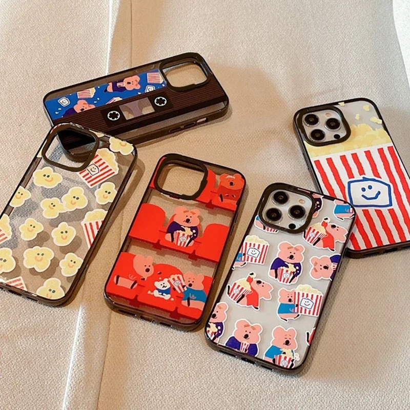 

Cartoon Popcorn Bear Upgrade Acrylic Border Phone Case Cover for IPhone 11 12 13 14 15 16 Pro Max Case for IPhone 16 Pro Max