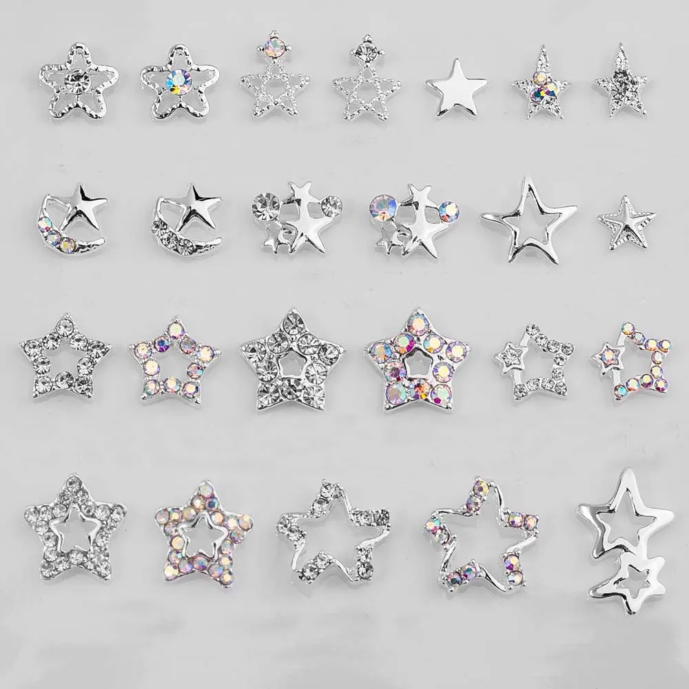 10pcs Luxury Alloy Star Nail Charms 3D Metal Gold/Silver Pentagram Star with Diamond Nail Decor Parts DIY Y2K Style Nail Parts