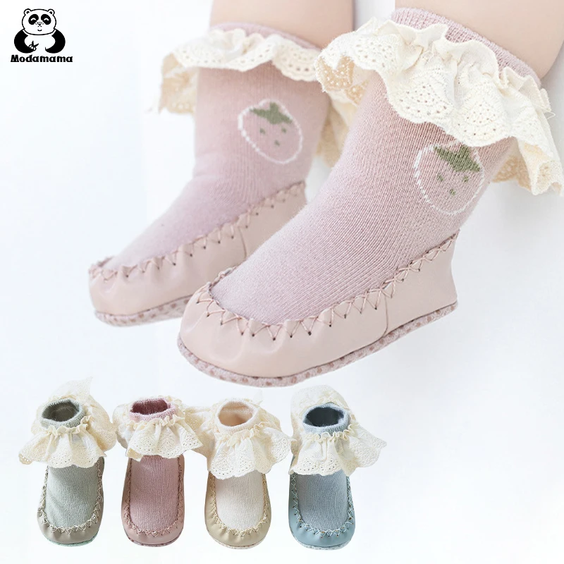 

Modamama Autumn Winter Baby Floor Socks Solid Color Baby Girls Lace Floor Socks Combed Cotton Baby Non-Slip Toddler Shoes Socks