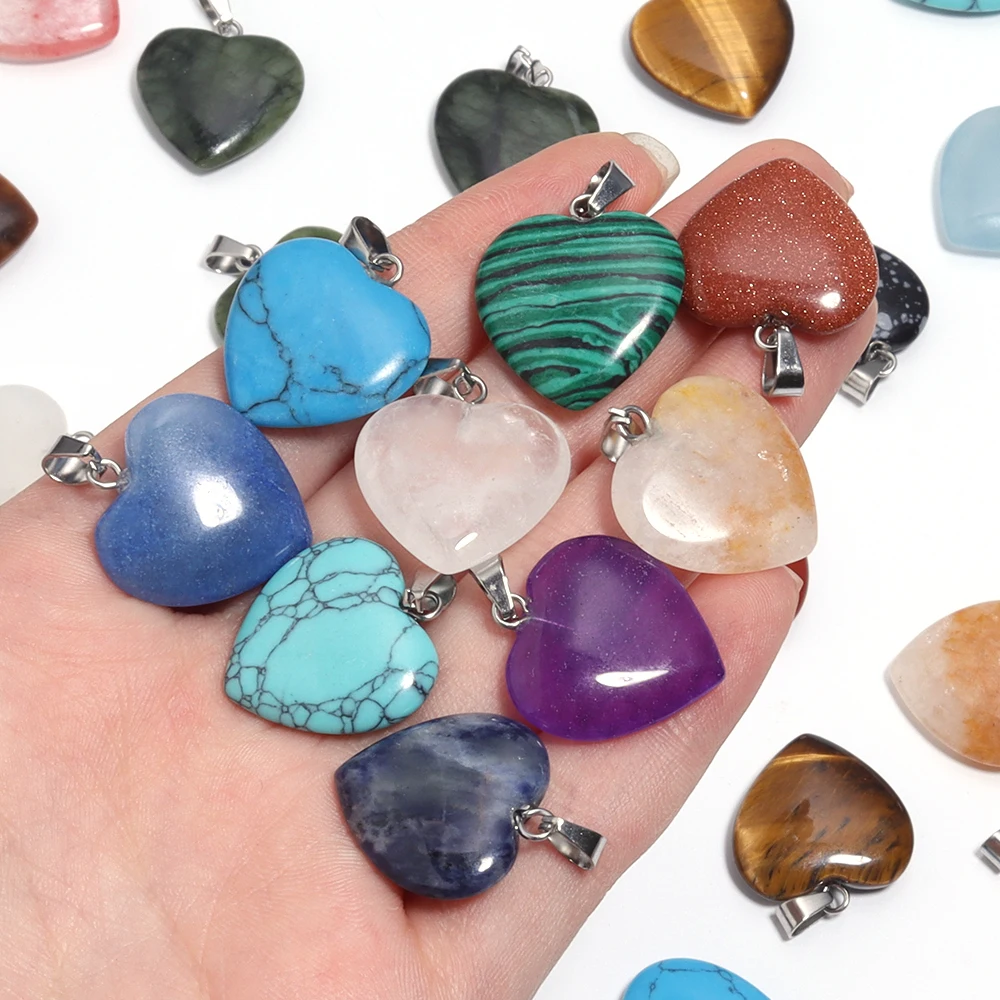 22X20mm Natural Stone Pendants Mix Color Heart Shape Charms Pendants Amethyst Opal Necklace Pendant For DIY Making Jewelry