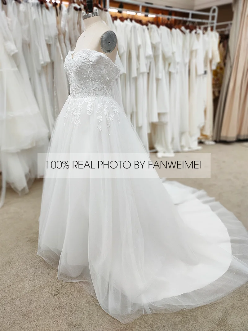 100% Real Photos Off-Shoulder Sweetheart Short Sleeve Backless Ball Gown Wedding Dress Elegant 2020